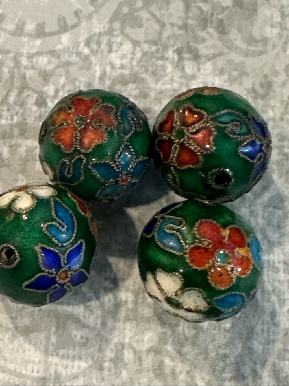 Vintage 1980s Large Green Cloisonné Floral Beads (Set of 4)